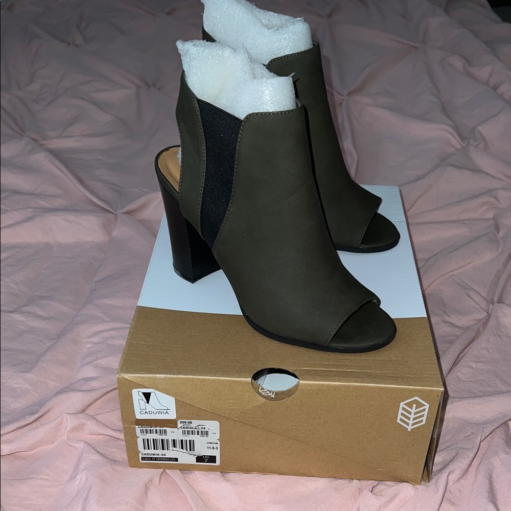 Call It Spring Olive Green Peep-Toe Block Heel Booties